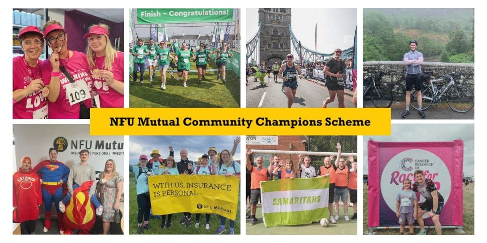 A collage of various pictures of NFU Mutual staff engaging in community and charity events.
