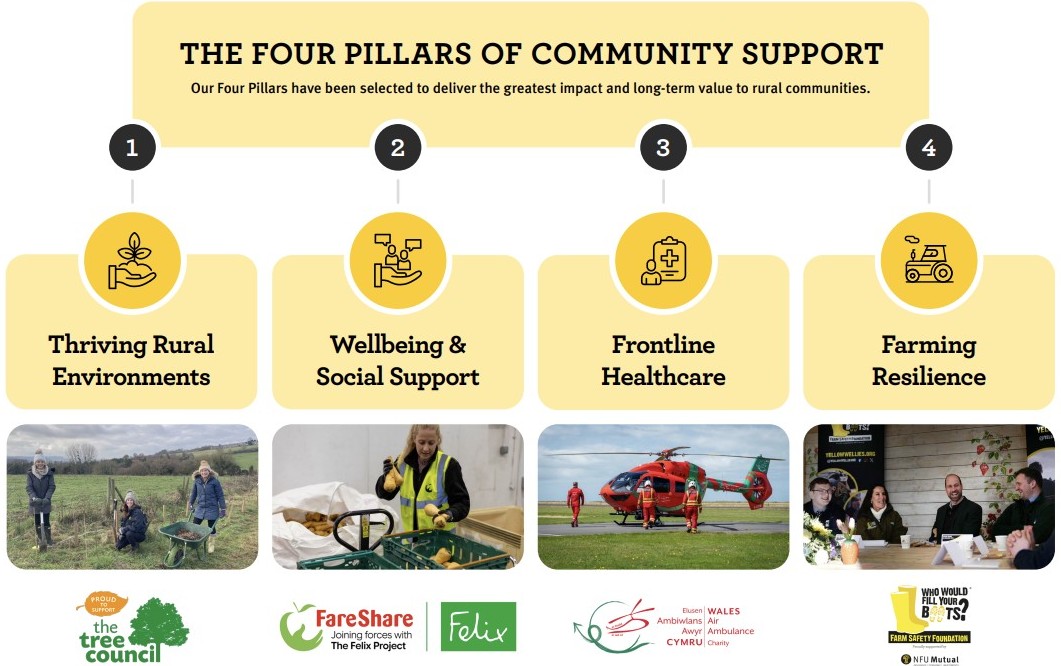 Infographic titled “Supporting our Communities” explaining the four pillars of community support: thriving rural environments, wellbeing and social support, frontline healthcare, and farming resilience. It shows how support is delivered through partnerships with charities and local organisations across the UK, including donations, fundraising and practical help.