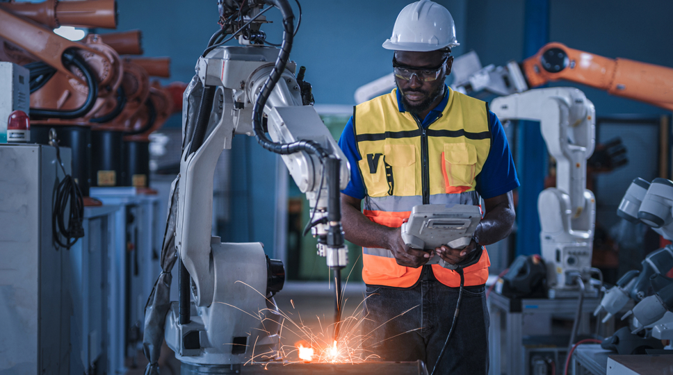 Engineer operating a machine in a factory