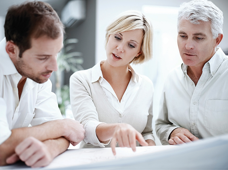 A lady is flanked by two men as they study business plans