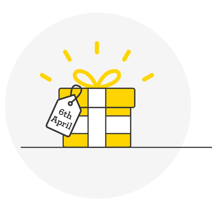 Illustration of a yellow gift box with a tag reading ‘6th April’.