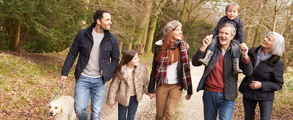 4 adults and 2 children on a dog walk in the woods